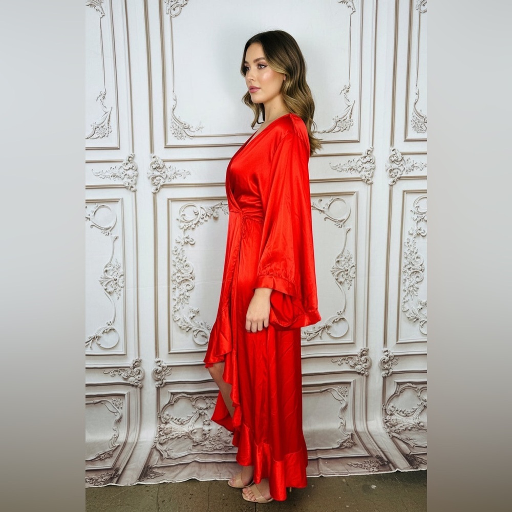 Silky Red Satin Wrap Robe with Ruffle Hem